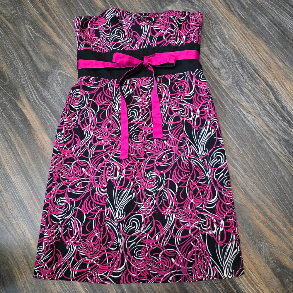 Ann Taylor Loft Strapless Pink Black‎ Abstract Swirl Bow Cocktail Dress Size 4